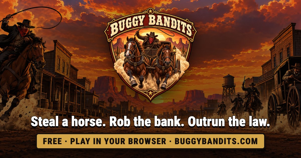 Buggy Bandits: an outlaw cracks his whip on horseback while a posse and a stagecoach thunder down a frontier main street at sunset